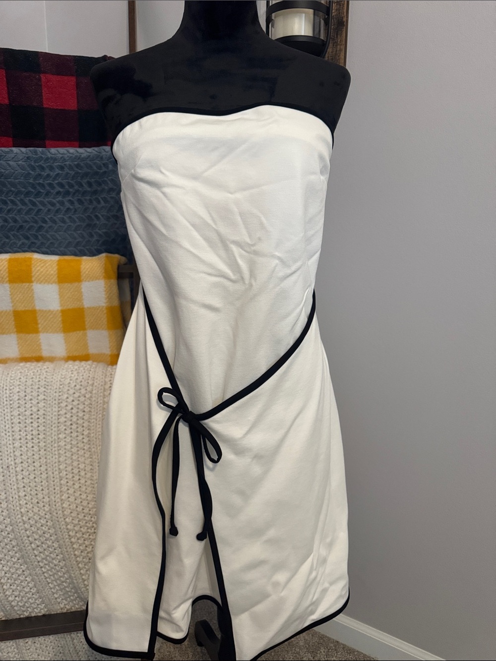 Anthropologie White Strapless Dress with Black Trim and Tie